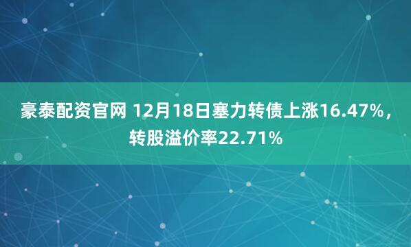 豪泰配资官网 12月18日塞力转债上涨16.47%，转股溢价率22.71%